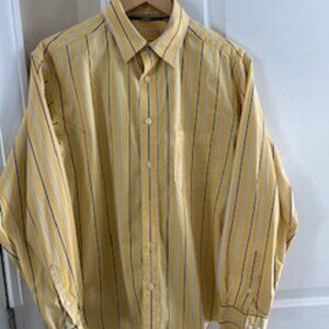 Men's Shirt Button Down Yellow & Blue Striped Large Long Sleeve Machine Washable